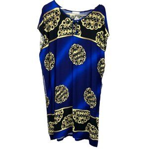 EASY LIVING Womens S Blue Gold Medallion Print Cap Sleeve Kaftan Duster Dress